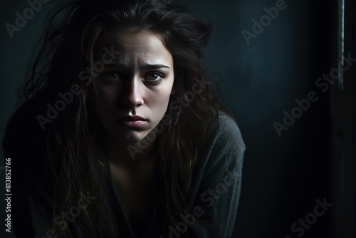 A contemplative young woman sits in shadow, her expression one of deep thought or concern
