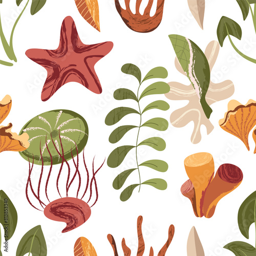 Sea plants, seaweed, leaves, starfish, flowers, sea. Seamless pattern for prints. Vector illustration in flat modern style.