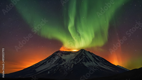 The impact of solar storms on the world, volcano in the night, Aurora Borealis, Aurora.