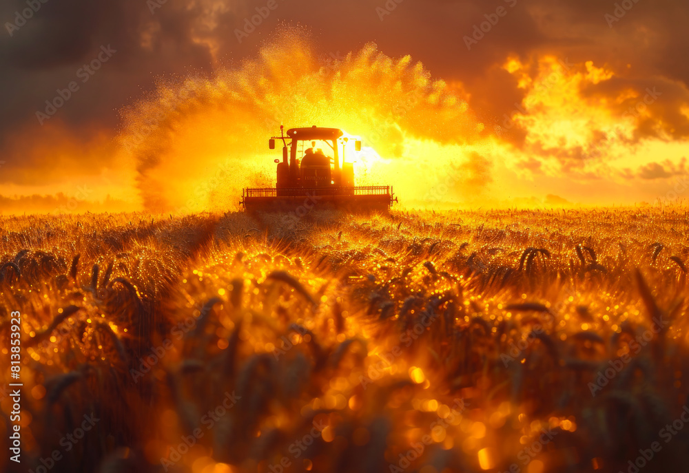 Fototapeta premium Combine harvester working in wheat field at sunset