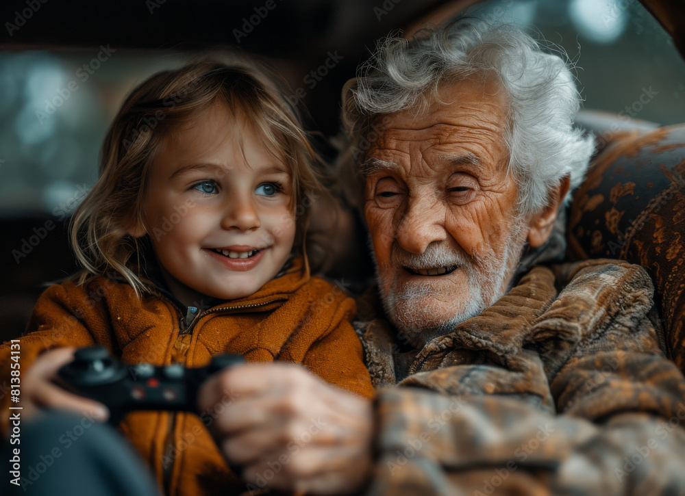 Grandfather and granddaughter playing video game in the car