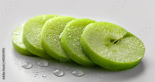 Green apple slices with drops of water on white background