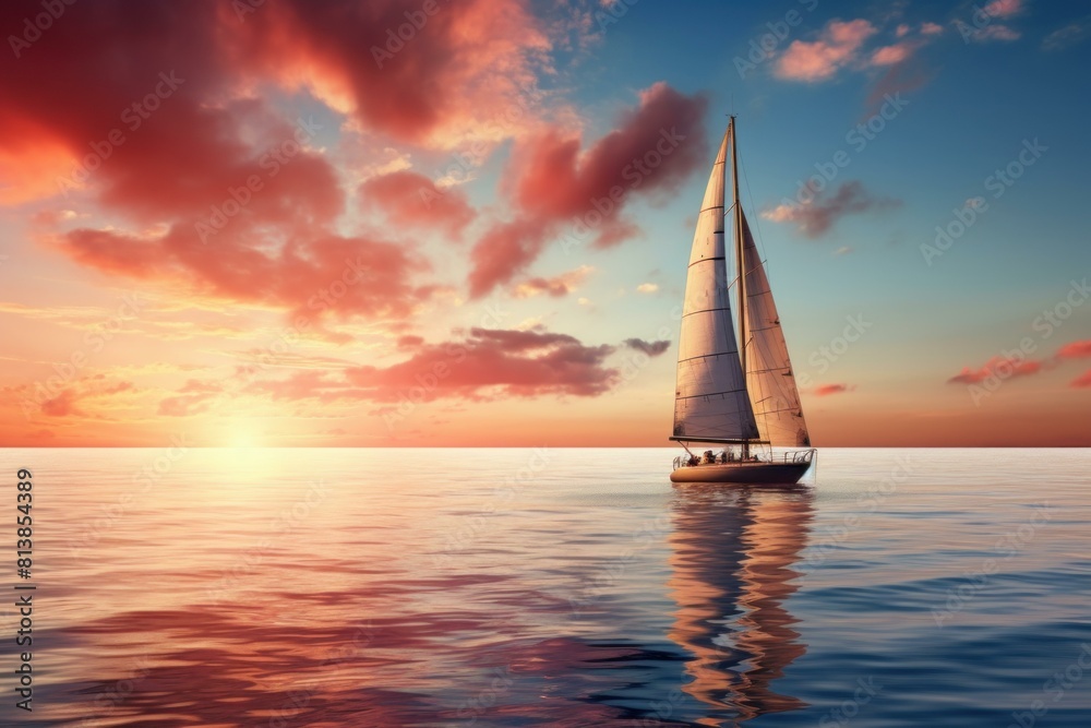 Tranquil and picturesque sunset sailing adventure on a sailboat amidst the calm and reflective ocean waters, surrounded by the serene beauty of the golden hour sky and the idyllic seascape