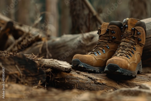 A pair of sturdy, repairable hiking boots resting against a log under warm, natural light The empty background provides clarity, emphasizing the durable, sustainable footwear photo