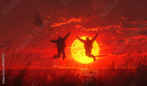 Two men jump over hill against the backdrop of the setting sun