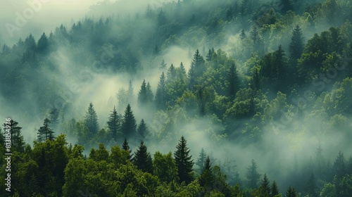 Foggy forest landscape with green trees photo