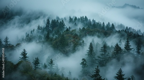Foggy forest landscape with misty trees in the morning.