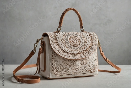 a bohemian-inspired handbag in crisp white leather or canvas, featuring intricate lace or crochet detailing photo