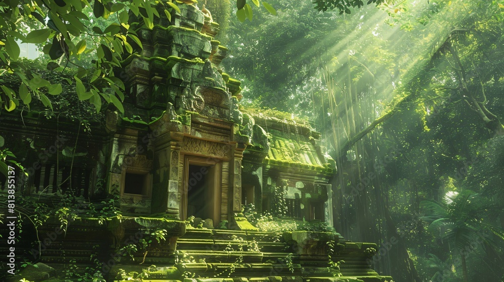 a temple hidden in the jungle and covered  in vines