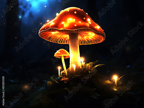 Fairy, glowing chantrelle mushroom. Night in the mystical forest. Generative AI © Mohiuddin
