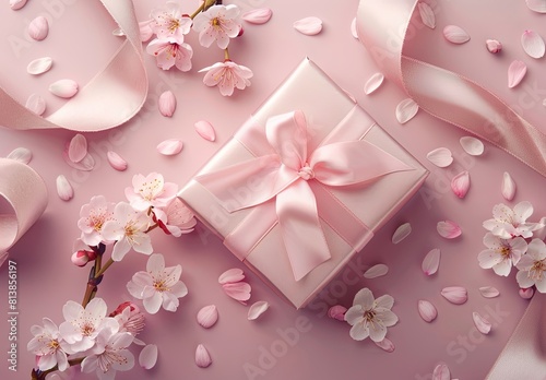 Small elegant present gift box with tiny pale pink satin ribbon decorated