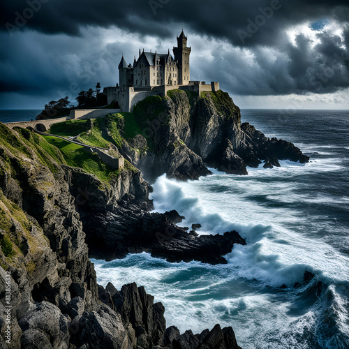 A majestic castle perched atop a rocky cliff, overlooking a turbulent sea below, with crashing waves and dark storm clouds gathering on the horizon.