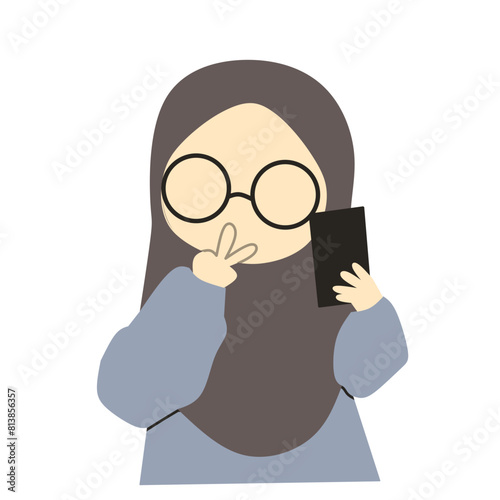 Cute young muslimah faceless with glasses and phone