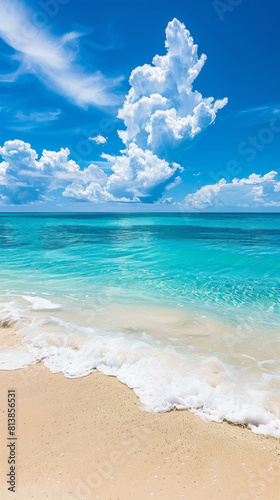 Escape to a paradise of clear blue waters and sandy shores in this refreshing beach and ocean landscape. AI generative.
