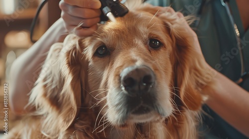 An Otoscope and flashlight are used by a veterinarian to examine the ear of a pet golden retriever. A second veterinarian holds the dog and pets it to calm it down. photo