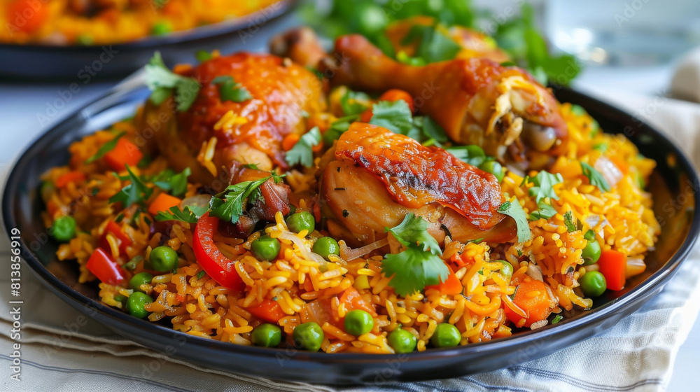 Traditional peruvian arroz con pollo presented on a black dish, adorned with fresh cilantro, highlighting rich hues and a homemade feel Traditional peruvian arroz con pollo presented on a black dish, adorned with fresh cilantro, highlighting rich hues and a homemade feel