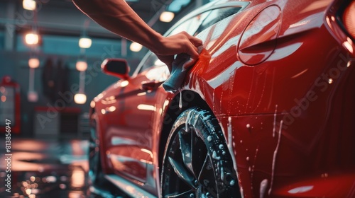 Adult Man Cleaning Away Dirt, Preparing a Red Modern Sportscar for Detailing. Creative Cinematic Photo with Sport Vehicle.