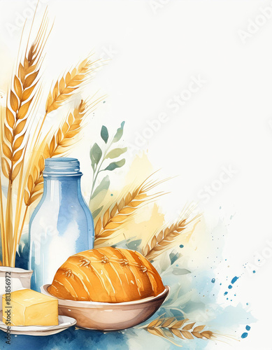 Shavuot holiday concept, watercolor art style, copyspace on a side photo