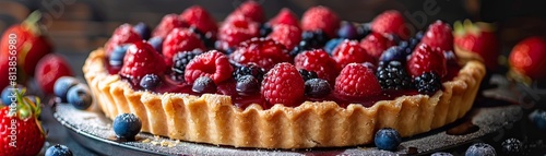 Freshly baked berry tart with blueberries, raspberries and strawberries on a rustic table
