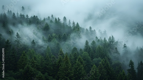 Foggy forest landscape with green trees and mist.