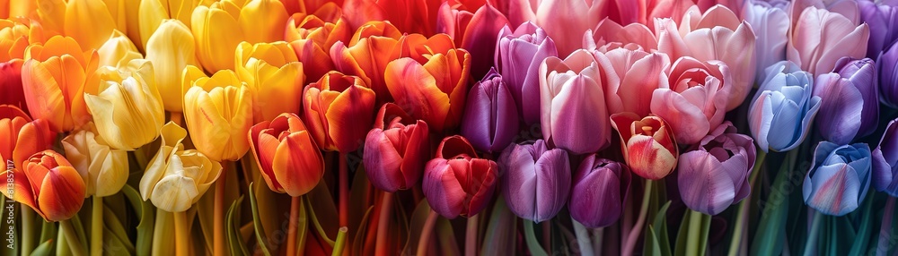 Fototapeta premium Image description: A field of tulips in various colors, including red, yellow, orange, pink, and purple.