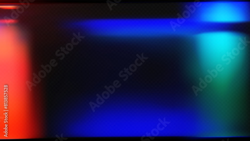 Film leak light overlay texture background with neon and iridescent stripes. Rainbow lens flare effect on crystal glass or camera film filter with bokeh. Laser beam strip. 3D vector light background