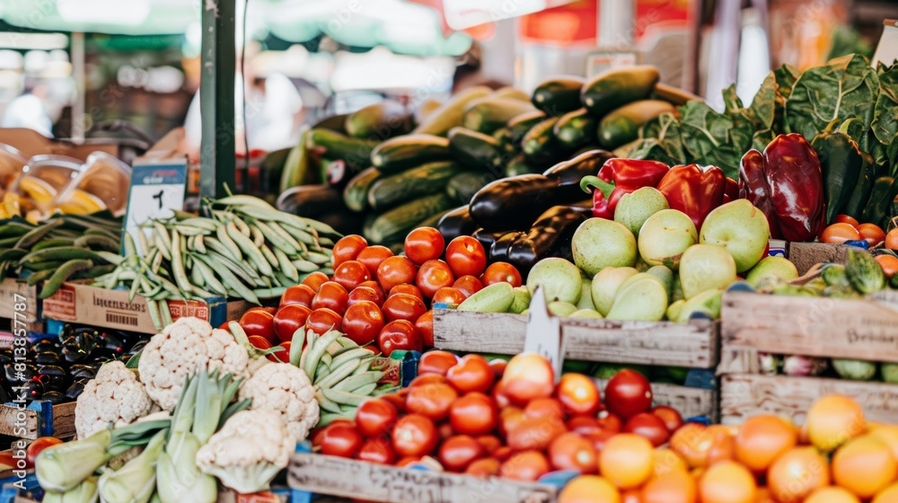 An assortment of colorful fresh produce from a farmers market, featuring vegetables and fruits on a bustling market stand.