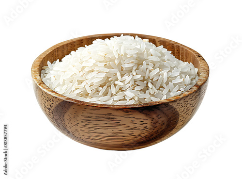 Wooden bowl of raw rice or uncooked rice isolated on a transparent background.