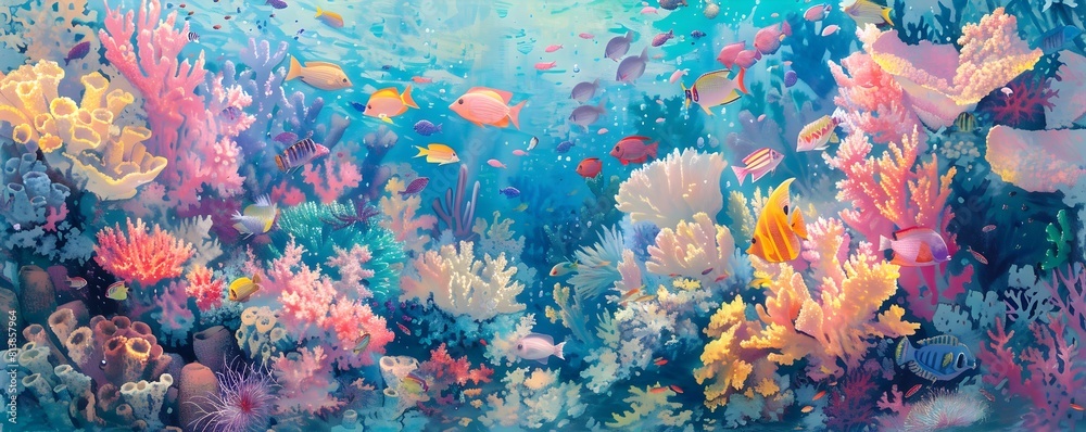 Naklejka premium Vibrant Pastel Coral Reef Teeming with Whimsical Marine Life in a Dreamy Underwater Wonderland