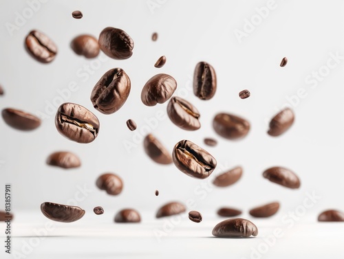 flying coffee beans on white background
