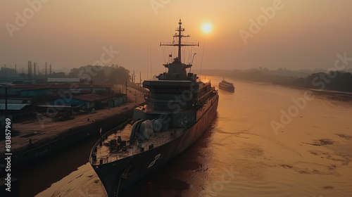 A large ship is docked in a river at sunset. The sky is orange and the water is calm.