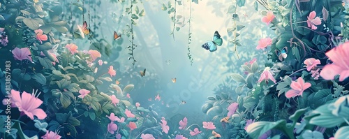 Pastel Dreamscape A Serene Enchanted Rainforest with Fluttering Butterflies and Lush Floral Foliage