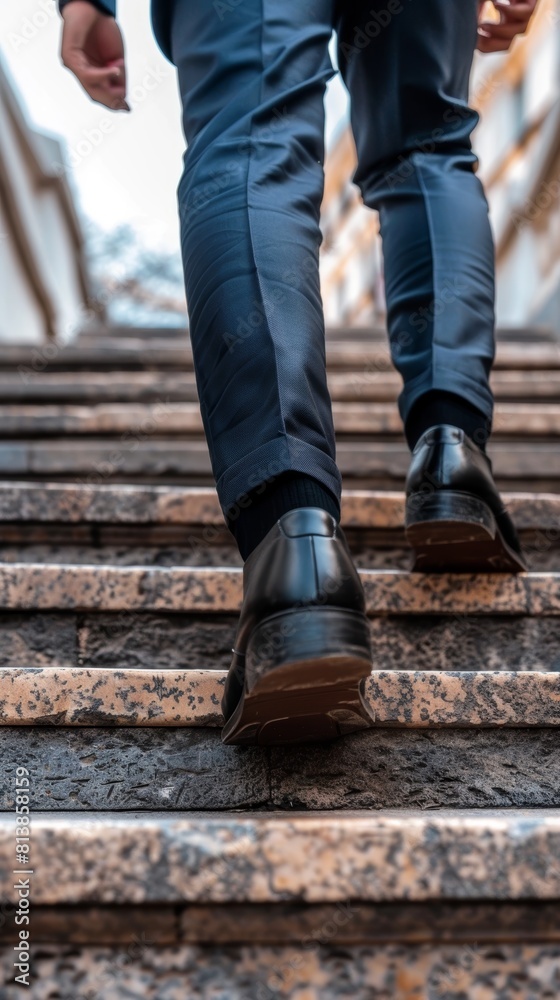 Dynamic perspective of a man in formal attire walking up textured stairs, emphasizing motion and the pace of urban life. Dynamic perspective of a man in formal attire walking up textured stairs, emphasizing motion and the pace of urban life.