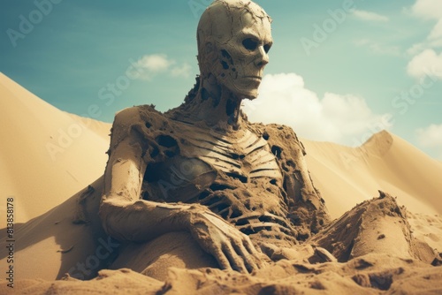 Humanoid skeleton partially buried in desert sand dunes  symbolizing desolation