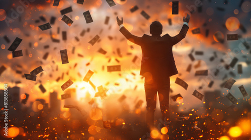 Businessman celebrating his success with money falling from the sky. photo