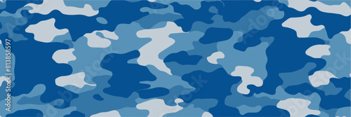 Blue military camouflage seamless pattern background banner. Camouflage pattern background. Vector illustration.