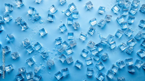 Ice cubes on blue background. Cold  freezing. Top view.