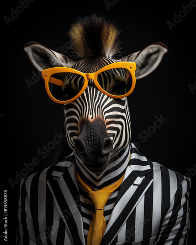 Portrait of an zebra dressed in modern business attire and retro yellow sunglasses on a minimal black background. Fashion photo  poster  cover
