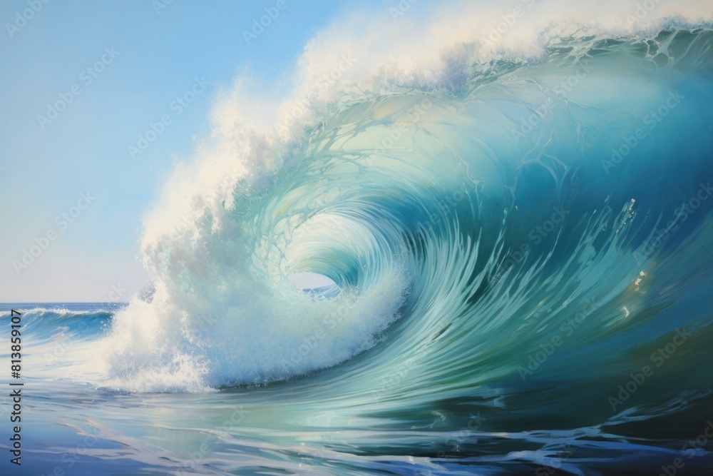 Obraz premium Vibrant, high-resolution image capturing the dynamic curve and spray of an ocean wave