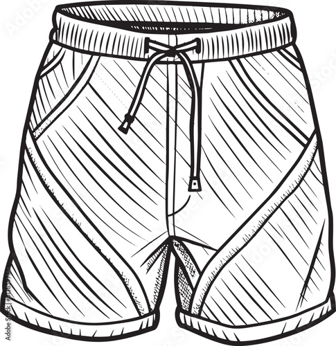 Hand drawn illustration of men's shorts. Black and white sketch.