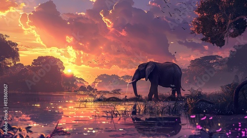 An elephant drinking water from a lake shilhotee illustration colorful photo