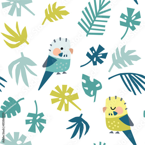 Budgie and tropical leaves. Summer seamless pattern. White background.