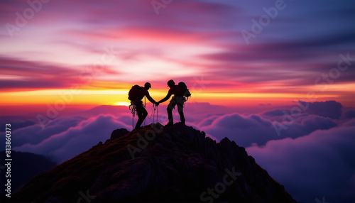 silhouette of climbers helping each other reach the top of mountain cloudy sky at sunset time 