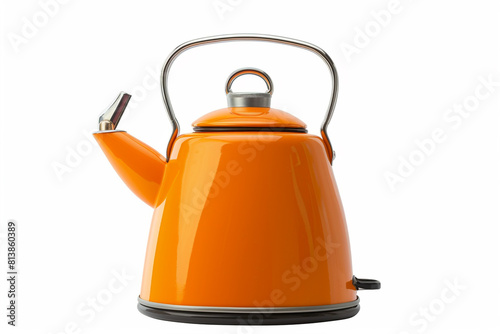 A retro-style electric kettle with a vibrant orange enamel finish and a whistle spout isolated on a solid white background.