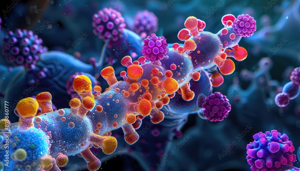 This is an abstract image of a virus. The virus is depicted as a blue and purple sphere with yellow and orange spikes. The virus is surrounded by a dark blue background. This is an abstract image of a virus. The virus is depicted as a blue and purple sphere with yellow and orange spikes. The virus is surrounded by a dark blue background.