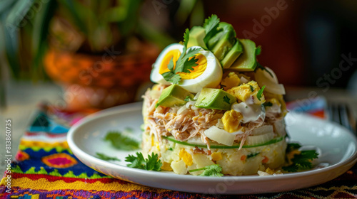 Delicious causa rellena topped with egg and avocado, served on a vibrant peruvian fabric backdrop