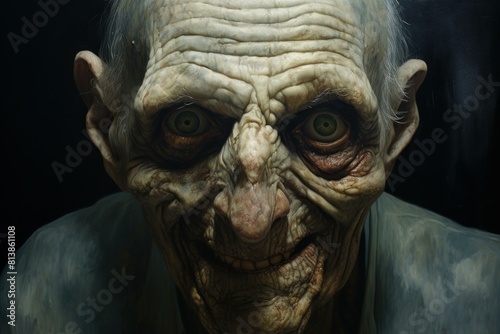 Detailed close-up portrait of a spooky and sinister elderly creature with green eyes. Depicting a fictional and malevolent goblin with wrinkled skin and an intense. Sharp gaze