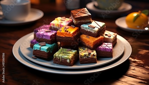 Assorted brownies on a plate, flat design, side view, sweet treats theme, 3D render, Triadic Color Scheme © NAPATSAWAN