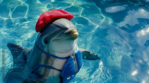 Golfinho veste um colete azul e branco, combinado com uma boina vermelha. O golfinho está em um ambiente oceânico, com águas cristalinas ao redor e o céu claro refletindo na superfície photo