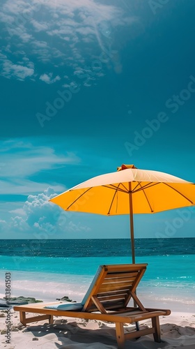 Sunny beach scene with yellow umbrella and chair